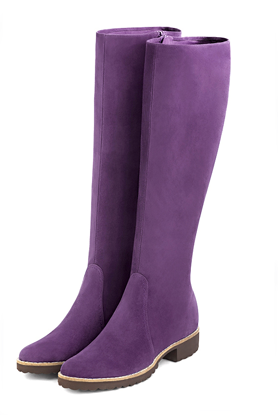 Amethyst purple women's riding knee-high boots. Round toe. Flat rubber soles. Made to measure. Front view - Florence KOOIJMAN